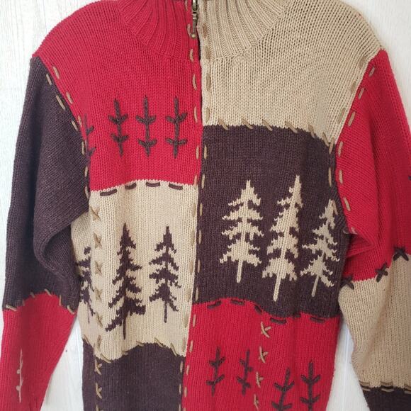 Mandal Bay multi colored forest design intarsia zip up cardigan SZ small - Picture 2 of 6